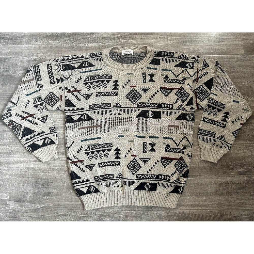 Vintage Protege Beige Sweater Geometric Jacquard Knit Wool Blend Men's L USA 90s